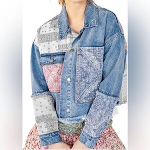 Women’s cropped Denim jacket Paisley Bandana Floral Print Jeans Jacket✨